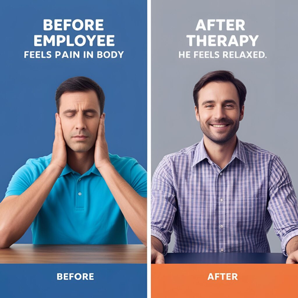Two images compares in which before therapy employee feels pain in body and other after therapy he feels relaxed.